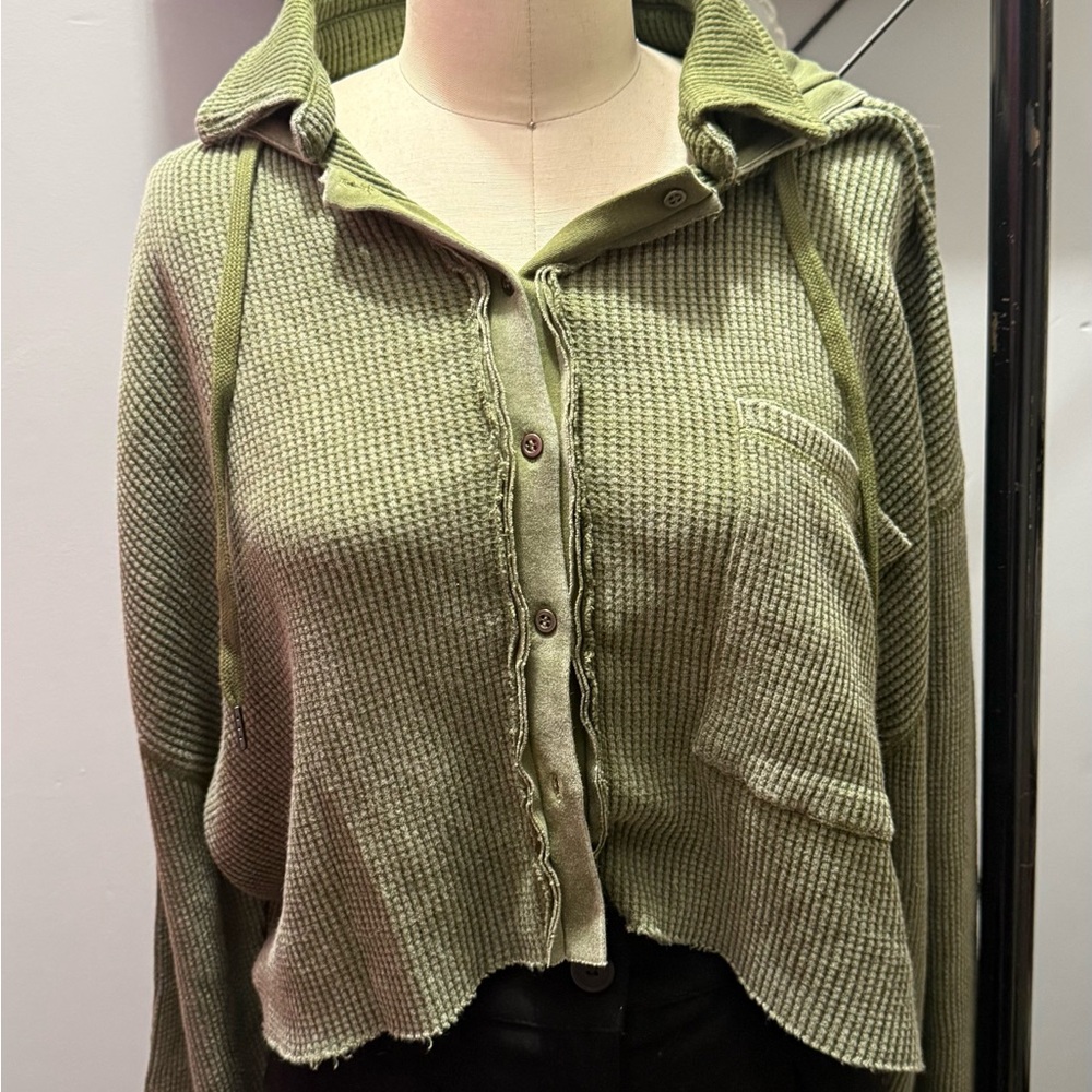 Green Waffle Knit Button-Up top
